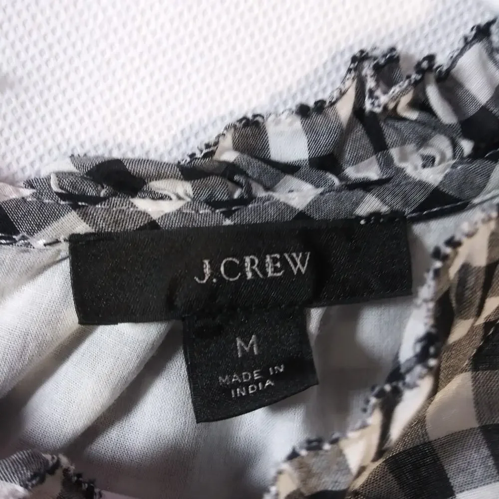 J Crew Black Gingham Daisy Chain Lace Peplum Peasant Short Sleeve Blouse Size M